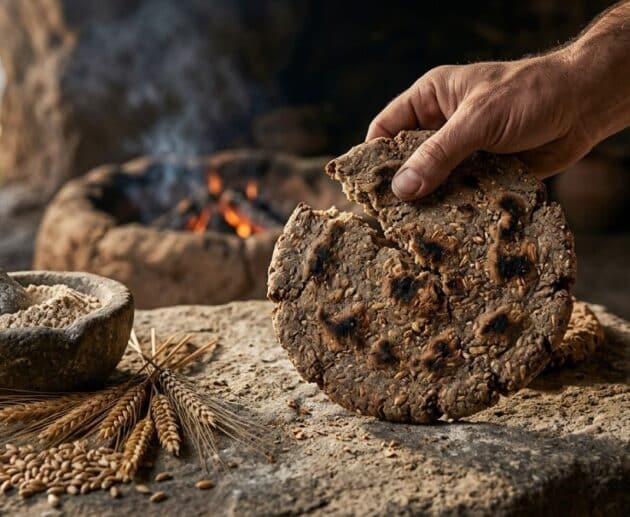 Mani che spezzano un pane antico rustico vicino a un focolare in pietra.