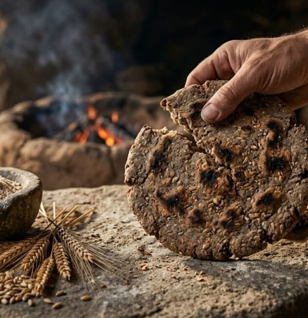 Mani che spezzano un pane antico rustico vicino a un focolare in pietra.