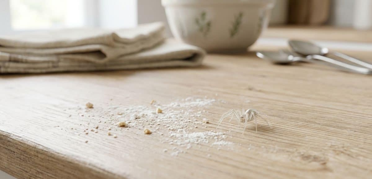 Un esemplare di piccoli ragni bianchi o trasparenti in casa su un piano di lavoro in cucina vicino a residui di farina.