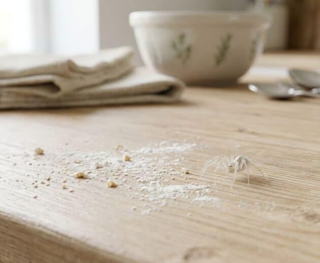 Un esemplare di piccoli ragni bianchi o trasparenti in casa su un piano di lavoro in cucina vicino a residui di farina.