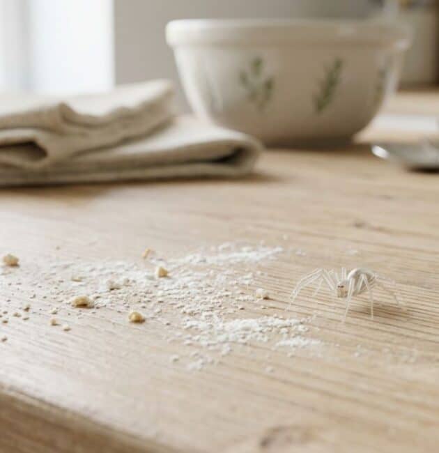 Un esemplare di piccoli ragni bianchi o trasparenti in casa su un piano di lavoro in cucina vicino a residui di farina.