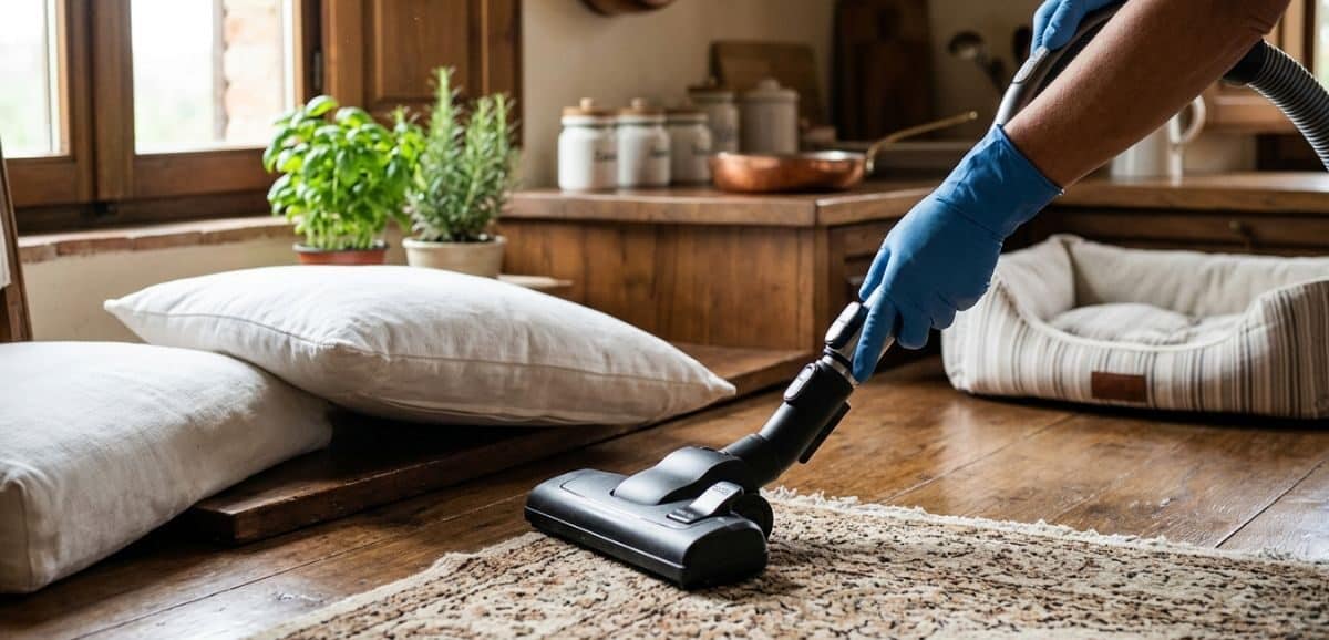 Un primo piano delle mani di una persona che pulisce accuratamente un tappeto in un ambiente domestico per eliminare le pulci in casa.