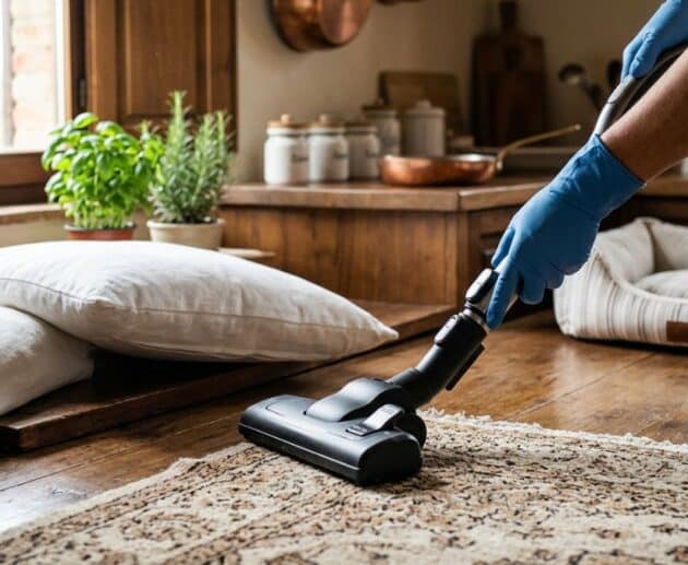 Un primo piano delle mani di una persona che pulisce accuratamente un tappeto in un ambiente domestico per eliminare le pulci in casa.