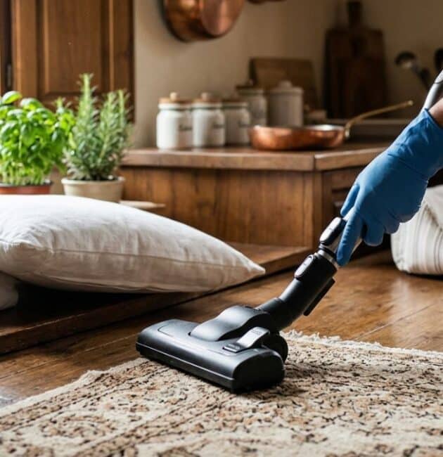 Un primo piano delle mani di una persona che pulisce accuratamente un tappeto in un ambiente domestico per eliminare le pulci in casa.