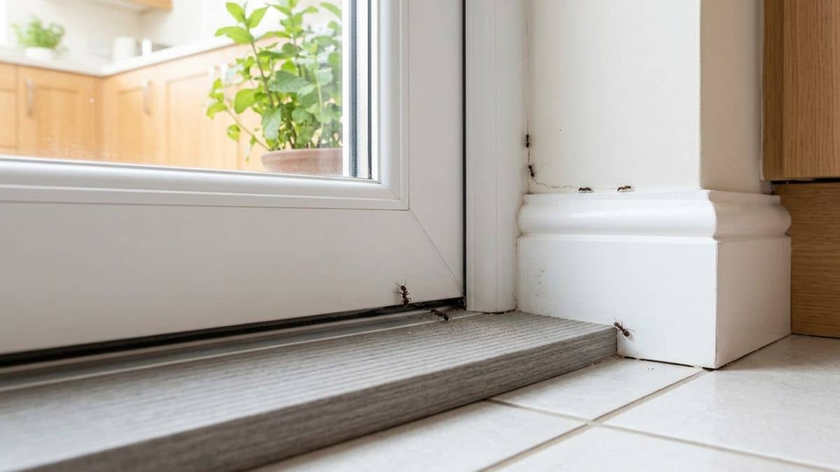 Formiche che entrano in cucina attraverso una fessura nel battiscopa e sotto la porta.