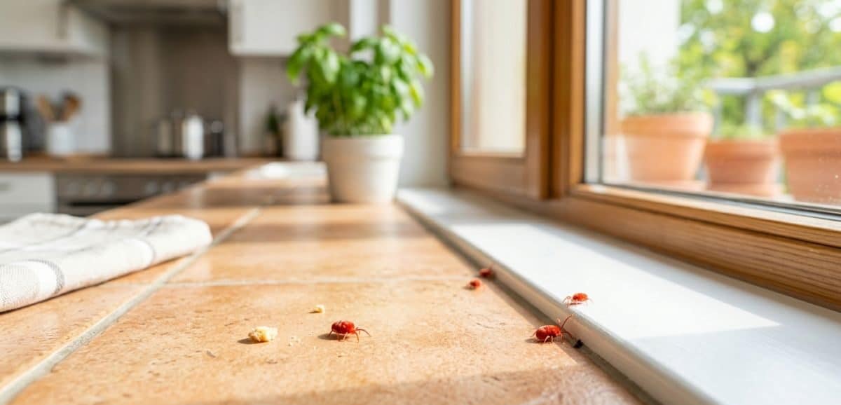 Diversi ragnetti rossi (acari Trombidium) visibili mentre si muovono sul davanzale interno di una finestra di cucina pulita e luminosa.