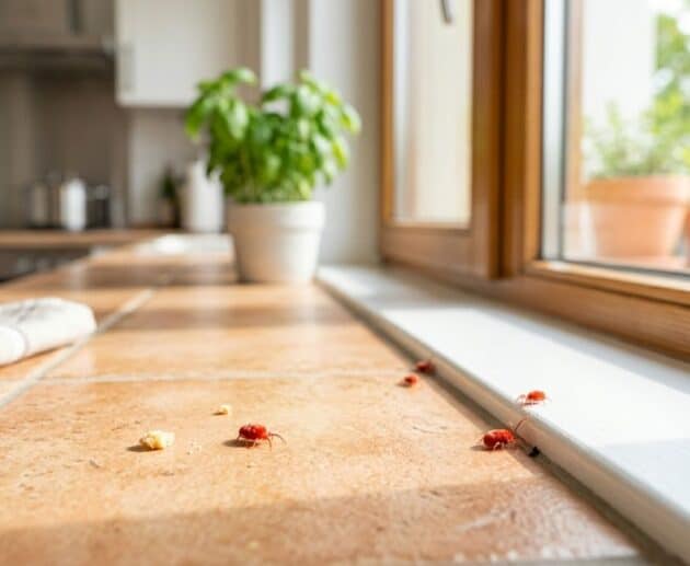 Diversi ragnetti rossi (acari Trombidium) visibili mentre si muovono sul davanzale interno di una finestra di cucina pulita e luminosa.