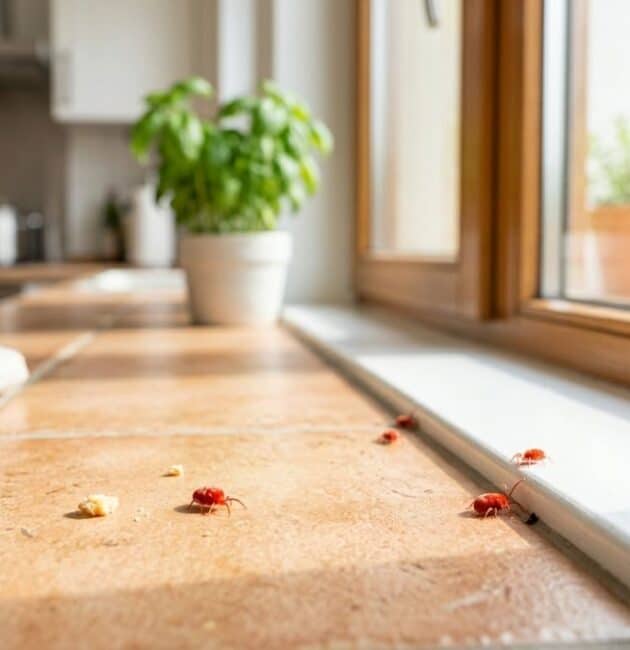 Diversi ragnetti rossi (acari Trombidium) visibili mentre si muovono sul davanzale interno di una finestra di cucina pulita e luminosa.