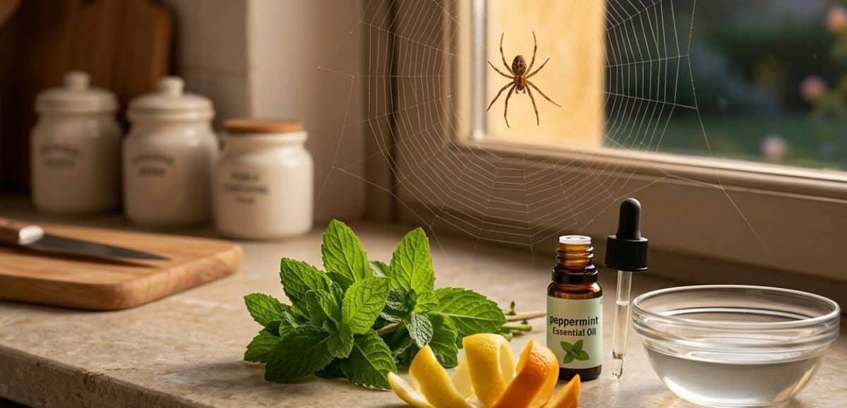 Un ragno domestico su una tela in una cucina luminosa, vicino a rimedi naturali come olio di menta e limone.