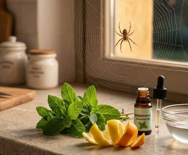 Un ragno domestico su una tela in una cucina luminosa, vicino a rimedi naturali come olio di menta e limone.
