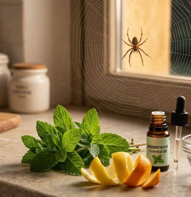 Un ragno domestico su una tela in una cucina luminosa, vicino a rimedi naturali come olio di menta e limone.