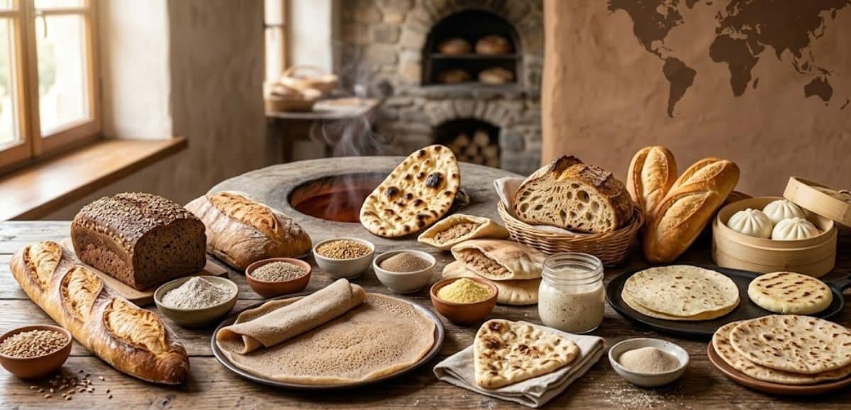 Una panoramica visiva di quindici tipi diversi di pane artigianale provenienti da culture globali, allineati su un tavolo di legno rustico in una cucina tradizionale illuminata dal sole, che mostra baguette, naan, injera, bao, sourdough e altri lievitati.