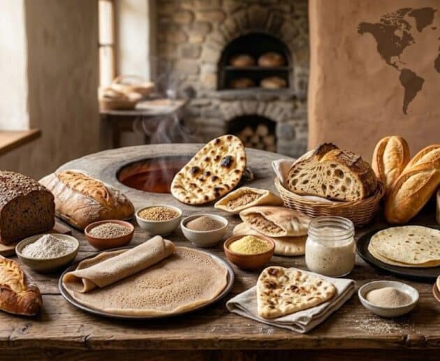 Una panoramica visiva di quindici tipi diversi di pane artigianale provenienti da culture globali, allineati su un tavolo di legno rustico in una cucina tradizionale illuminata dal sole, che mostra baguette, naan, injera, bao, sourdough e altri lievitati.