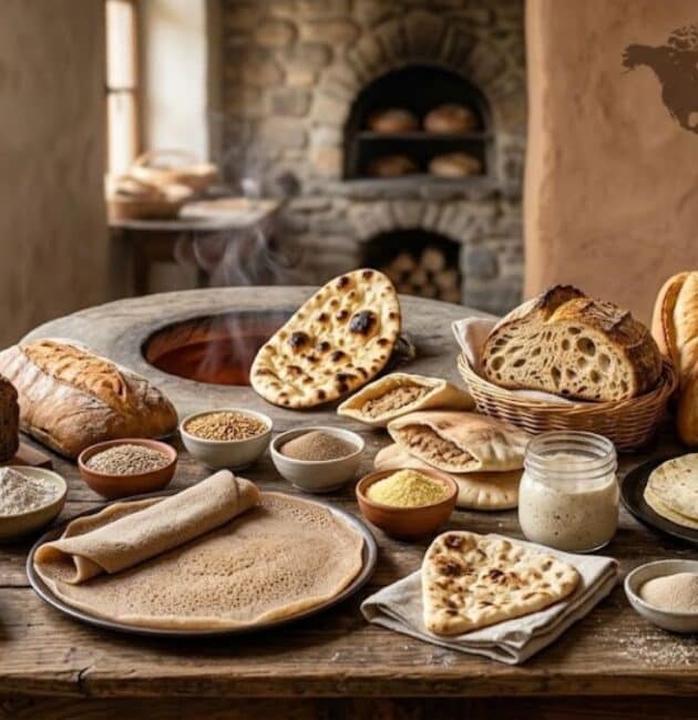 Una panoramica visiva di quindici tipi diversi di pane artigianale provenienti da culture globali, allineati su un tavolo di legno rustico in una cucina tradizionale illuminata dal sole, che mostra baguette, naan, injera, bao, sourdough e altri lievitati.