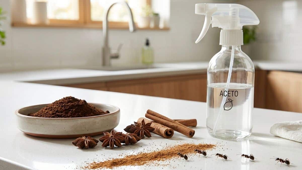 Formiche in cucina evitano una barriera di rimedi naturali come aceto, cannella e fondi di caffè.
