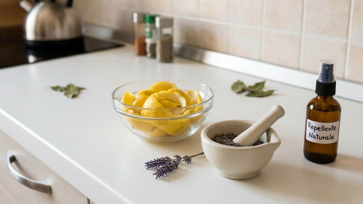 Kit di rimedi naturali per eliminare i pesciolini d'argento con limone, lavanda e aceto su un piano cucina.