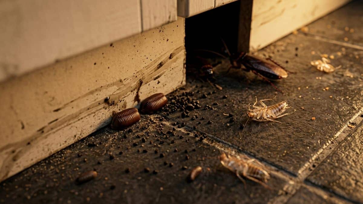 Una macrofotografia scura mostra i segnali di un'infestazione di scarafaggi in cucina: feci granulari, ooteche marroni e mute di esoscheletri accumulate in un angolo sporco.