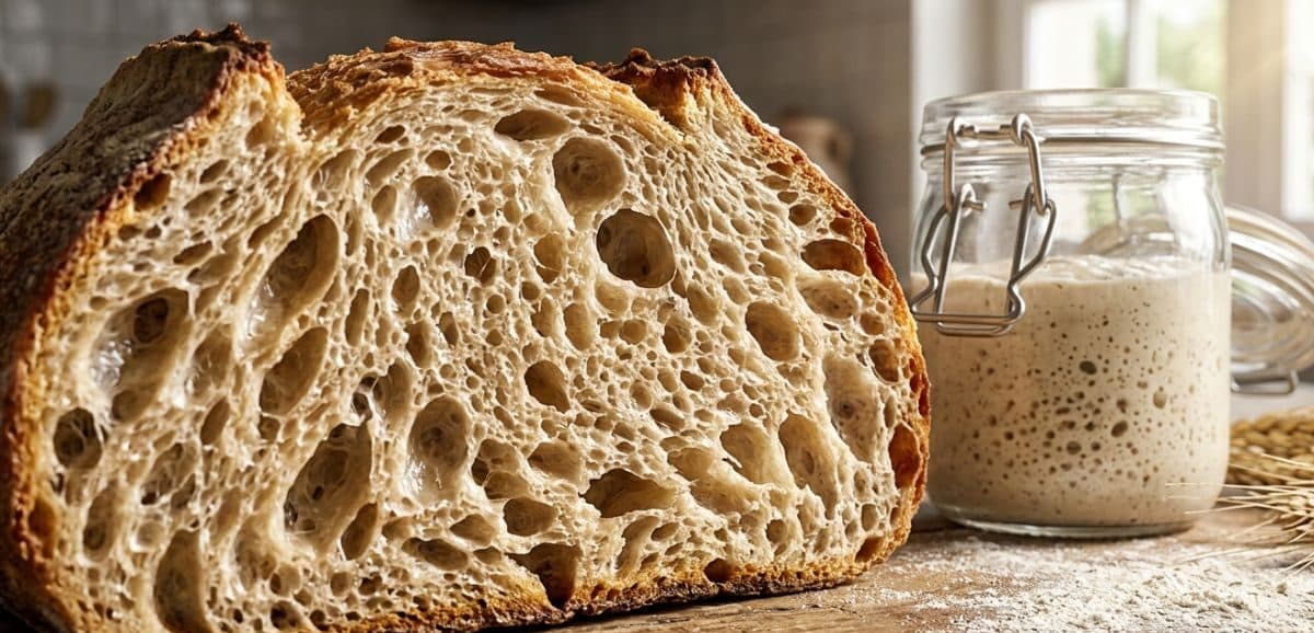 Sezione di una pagnotta di pane artigianale che mostra la mollica alveolata accanto a un barattolo di lievito madre attivo.