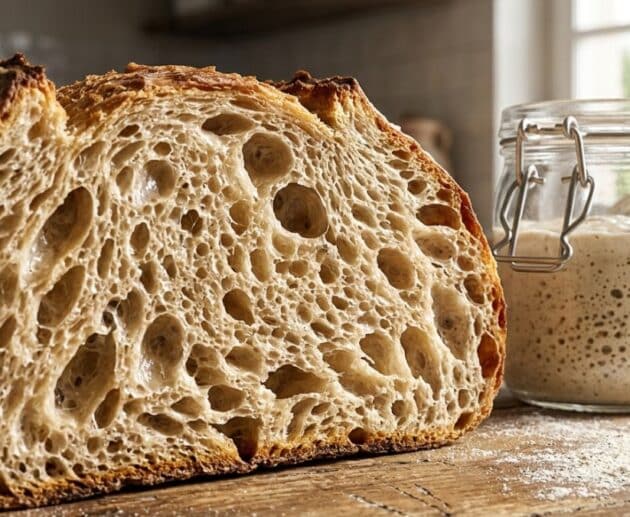 Sezione di una pagnotta di pane artigianale che mostra la mollica alveolata accanto a un barattolo di lievito madre attivo.