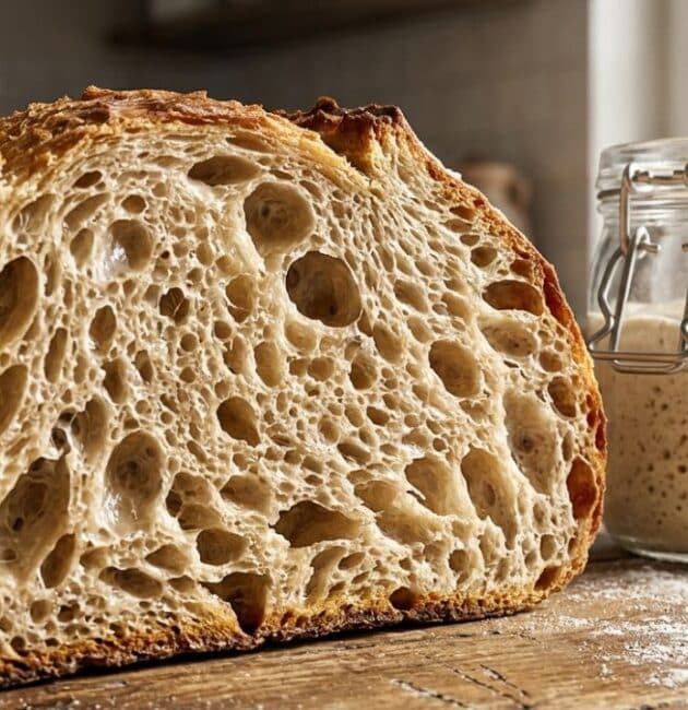 Sezione di una pagnotta di pane artigianale che mostra la mollica alveolata accanto a un barattolo di lievito madre attivo.