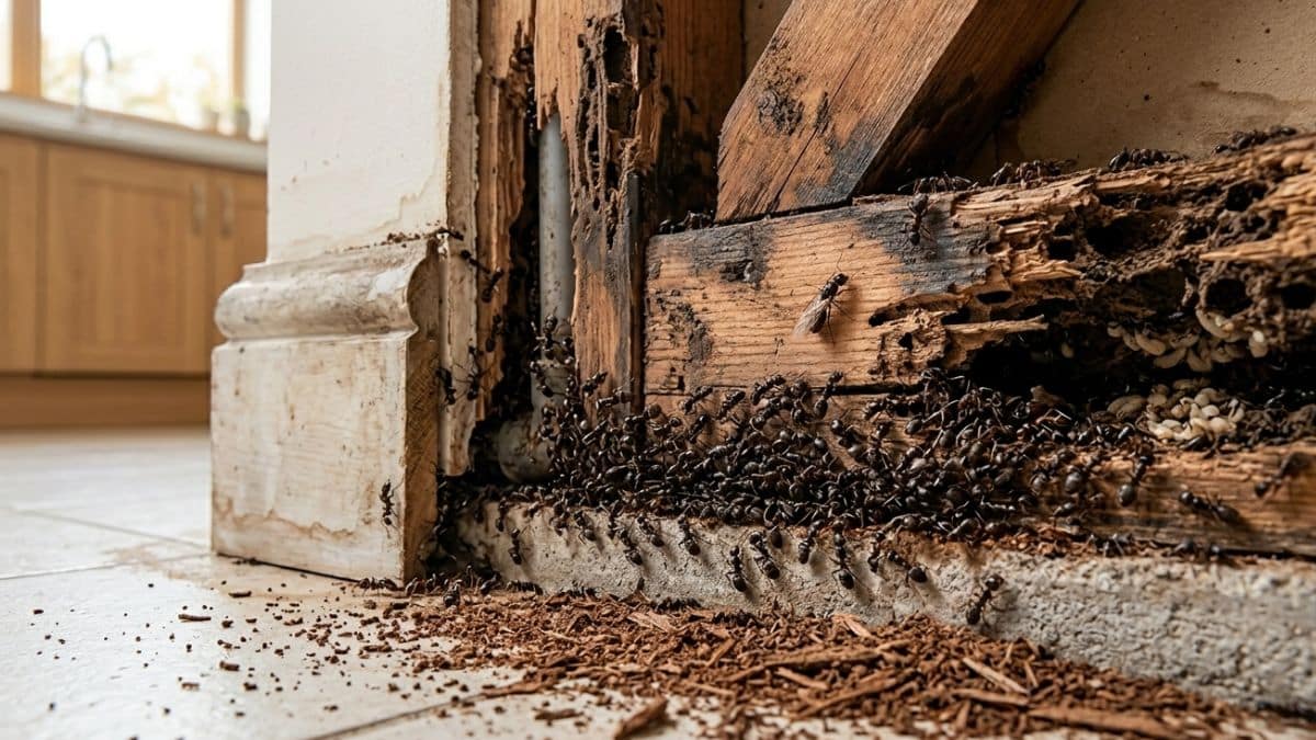 Seria infestazione di formiche carpentiere con esteso nido e danni strutturali nel legno della cucina.