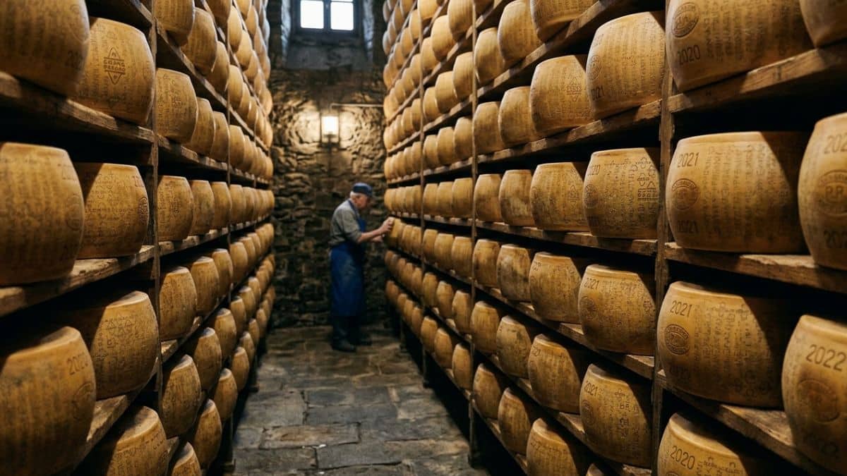 File di forme di Parmigiano Reggiano in una cantina, che illustrano la lenta maturazione e fermentazione silente dei formaggi a pasta dura.