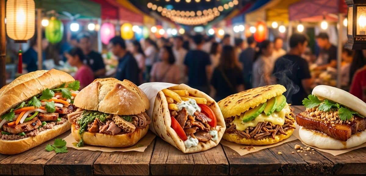 Una panoramica di cinque famosi street food internazionali basati sul pane, tra cui un Bánh mì, un Lampredotto, un Gyros Pita, un'Arepa e un Gua Bao, allineati sul banco di un mercato notturno.
