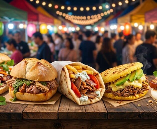 Una panoramica di cinque famosi street food internazionali basati sul pane, tra cui un Bánh mì, un Lampredotto, un Gyros Pita, un'Arepa e un Gua Bao, allineati sul banco di un mercato notturno.