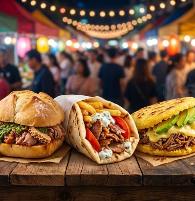 Una panoramica di cinque famosi street food internazionali basati sul pane, tra cui un Bánh mì, un Lampredotto, un Gyros Pita, un'Arepa e un Gua Bao, allineati sul banco di un mercato notturno.