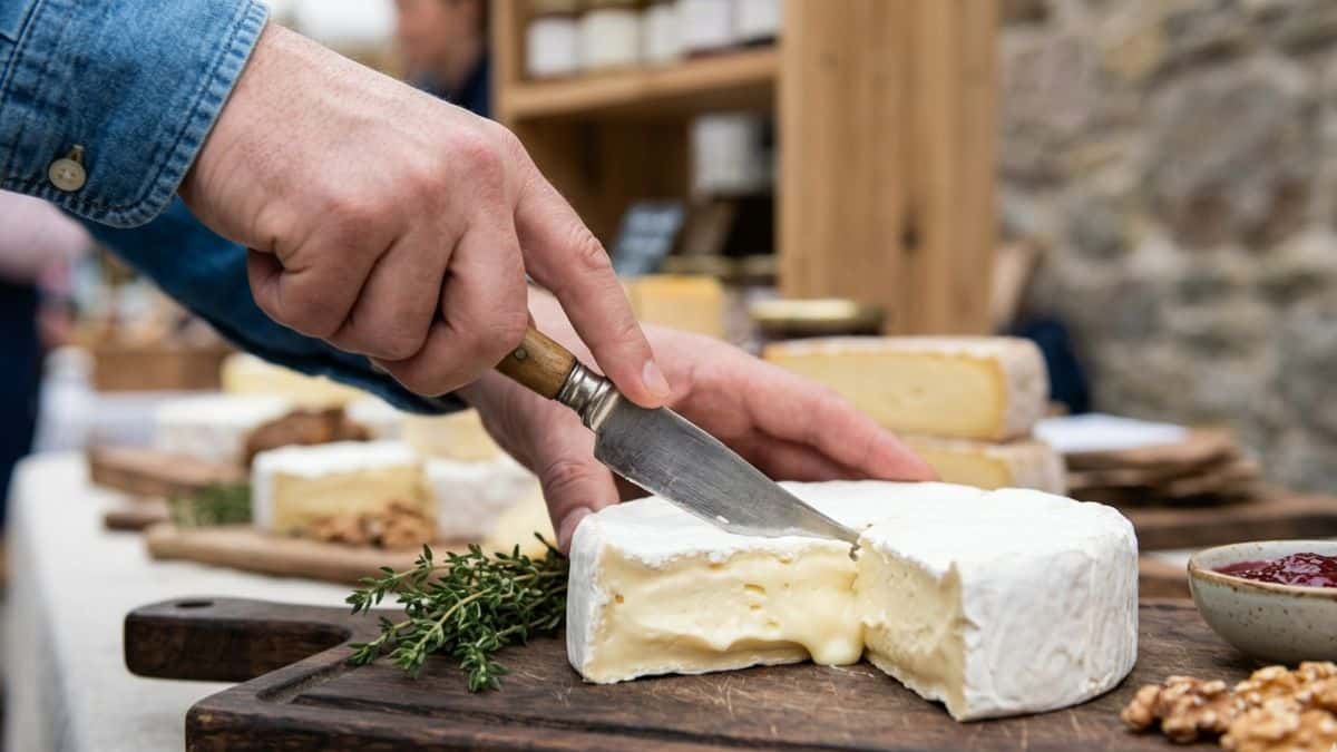 Dettaglio del taglio di un Brie maturo, esempio classico di formaggio a pasta molle con fermentazione da muffe nobili.