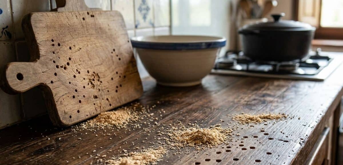 Primo piano di segni di infestazione da tarlo del legno su un bancone da cucina in legno rustico e un tagliere.