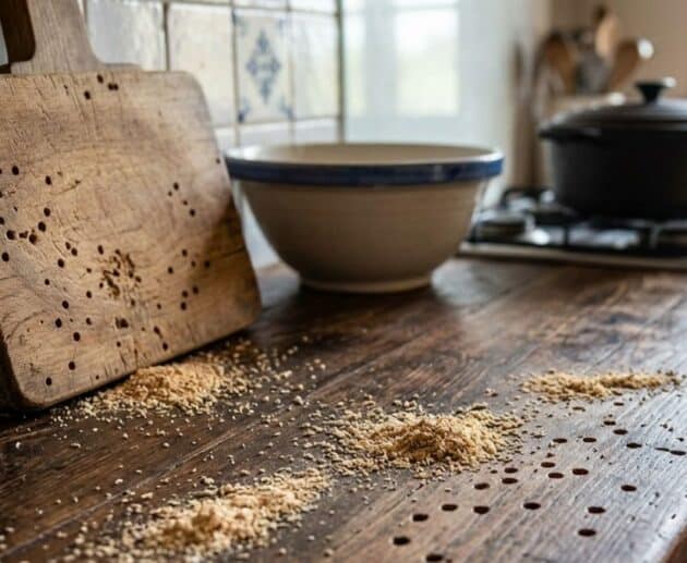 Primo piano di segni di infestazione da tarlo del legno su un bancone da cucina in legno rustico e un tagliere.