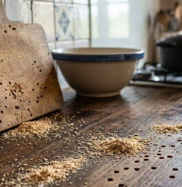 Primo piano di segni di infestazione da tarlo del legno su un bancone da cucina in legno rustico e un tagliere.