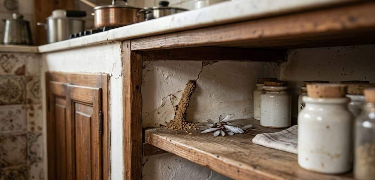 Dettaglio di un camminamento di fango creato dalle termiti su uno scaffale di legno in cucina, vicino a barattoli di spezie, che mostra un segnale di infestazione nascosta.