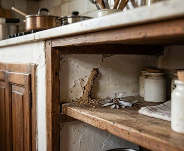 Dettaglio di un camminamento di fango creato dalle termiti su uno scaffale di legno in cucina, vicino a barattoli di spezie, che mostra un segnale di infestazione nascosta.