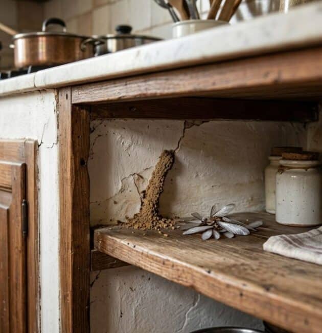 Dettaglio di un camminamento di fango creato dalle termiti su uno scaffale di legno in cucina, vicino a barattoli di spezie, che mostra un segnale di infestazione nascosta.