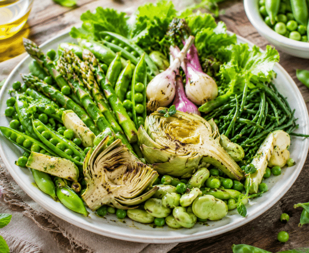 Composizione di verdure di primavera fresche con carciofi, asparagi e fave su un tavolo.
