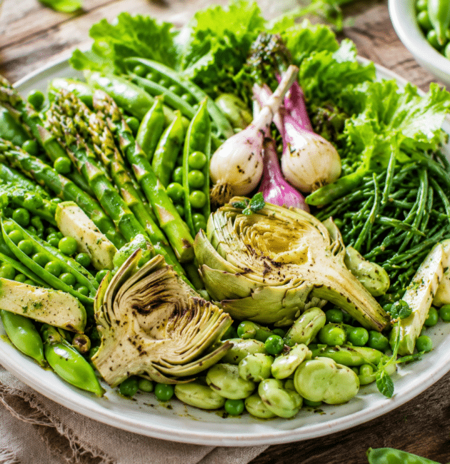 Composizione di verdure di primavera fresche con carciofi, asparagi e fave su un tavolo.