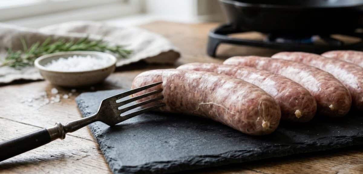 Dettaglio ravvicinato di salsicce fresche intere su un tagliere di ardesia, con una forchetta appoggiata vicino ma che non le punge. Un esempio pratico di come cuocere la salsiccia senza bucarla per mantenerne la succosità.