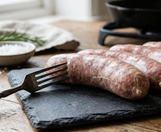 Dettaglio ravvicinato di salsicce fresche intere su un tagliere di ardesia, con una forchetta appoggiata vicino ma che non le punge. Un esempio pratico di come cuocere la salsiccia senza bucarla per mantenerne la succosità.