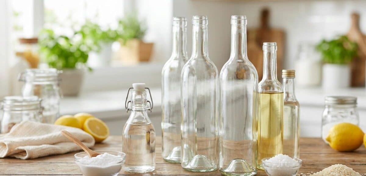 n gruppo di bottiglie di vetro pulite e igienizzate su un bancone di cucina con ingredienti naturali come bicarbonato, aceto e sale.