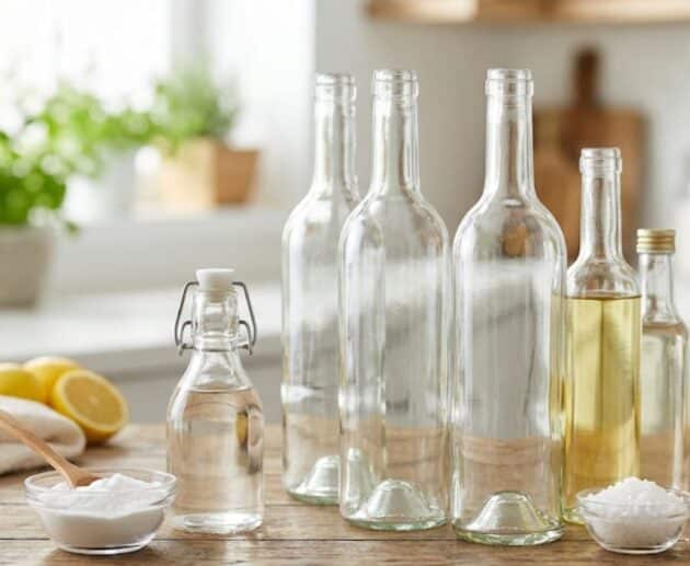 n gruppo di bottiglie di vetro pulite e igienizzate su un bancone di cucina con ingredienti naturali come bicarbonato, aceto e sale.