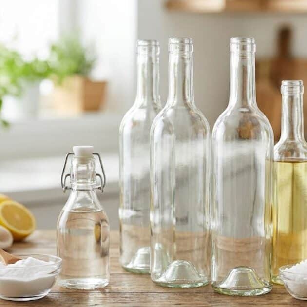 n gruppo di bottiglie di vetro pulite e igienizzate su un bancone di cucina con ingredienti naturali come bicarbonato, aceto e sale.