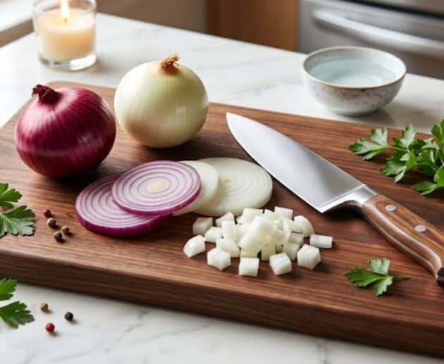 Preparazione di cipolle rosse e bianche su tagliere con coltello affilato, acqua e candela accesa, per illustrare i trucchi su come non piangere con le cipolle.