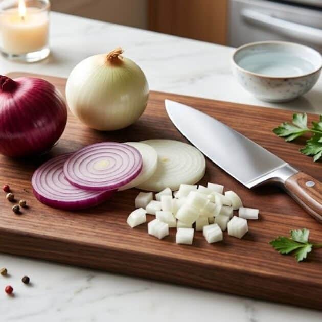 Preparazione di cipolle rosse e bianche su tagliere con coltello affilato, acqua e candela accesa, per illustrare i trucchi su come non piangere con le cipolle.