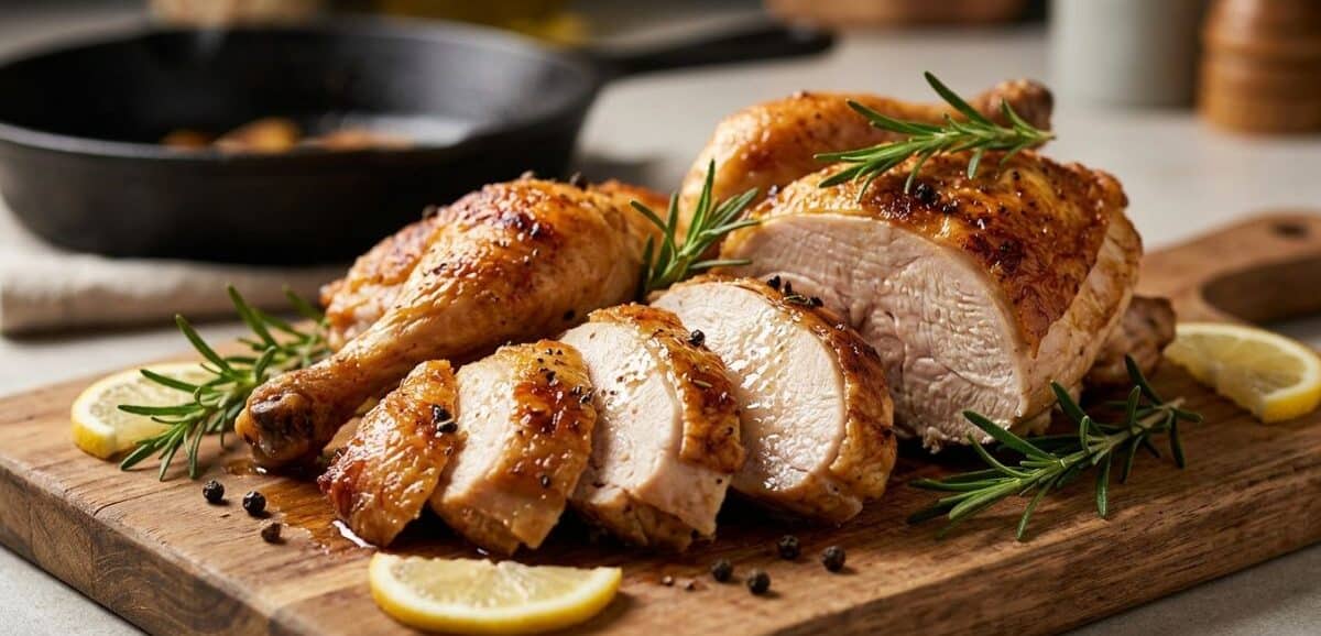 Cottura ideale di fette di pollo e tacchino morbide e succose su un tagliere rustico, pronte per essere servite.