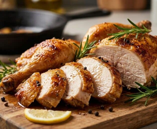 Cottura ideale di fette di pollo e tacchino morbide e succose su un tagliere rustico, pronte per essere servite.