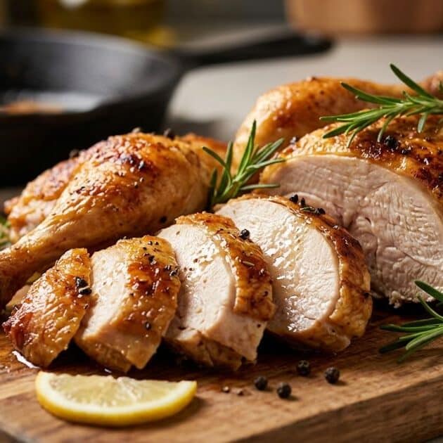 Cottura ideale di fette di pollo e tacchino morbide e succose su un tagliere rustico, pronte per essere servite.