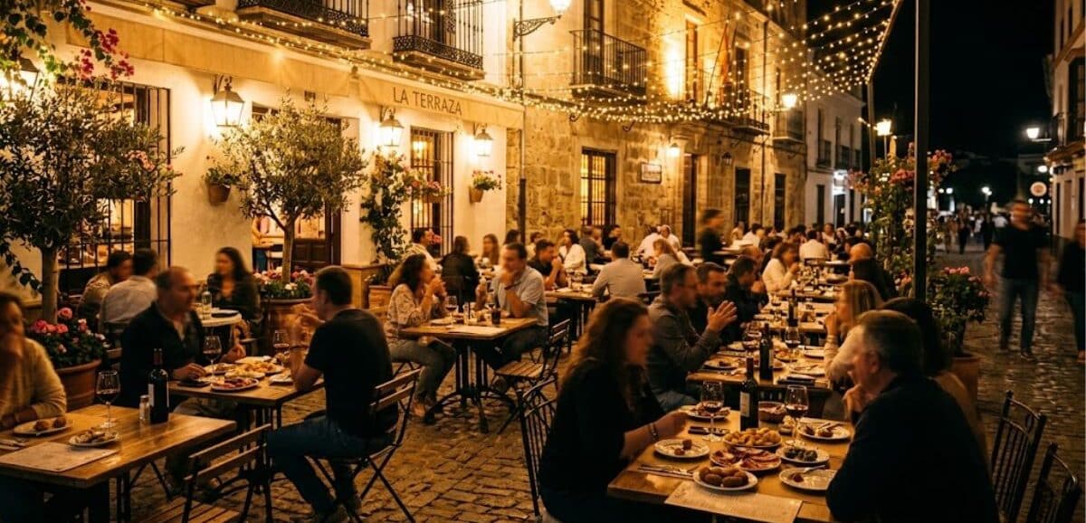 Una vivace terrazza di un ristorante spagnolo di sera, che illustra gli orari Spagna posticipati per la cena.