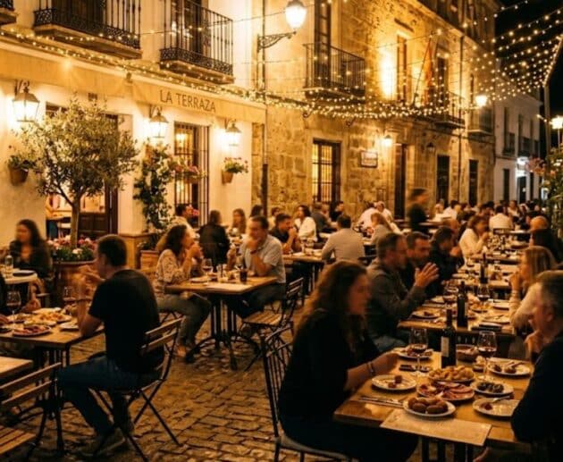 Una vivace terrazza di un ristorante spagnolo di sera, che illustra gli orari Spagna posticipati per la cena.